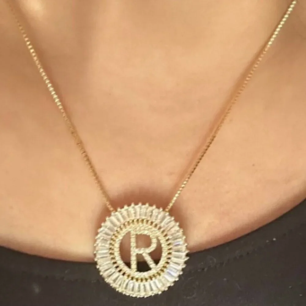 Yellow Gold Women's Large Letter Detail Cubic Zirconia Round Charm Necklace_4